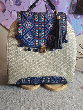Woven Straw Backpack / Crossbody/ Tote with Blue Embroidered Flap